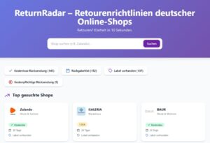 Screenshot des Dienstleisters ReturnRadar